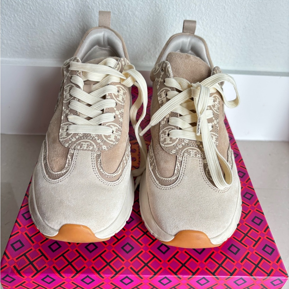 Tory Burch Cream Suede Logo Accent Sneakers with Tan Soles Good Luck Trainers